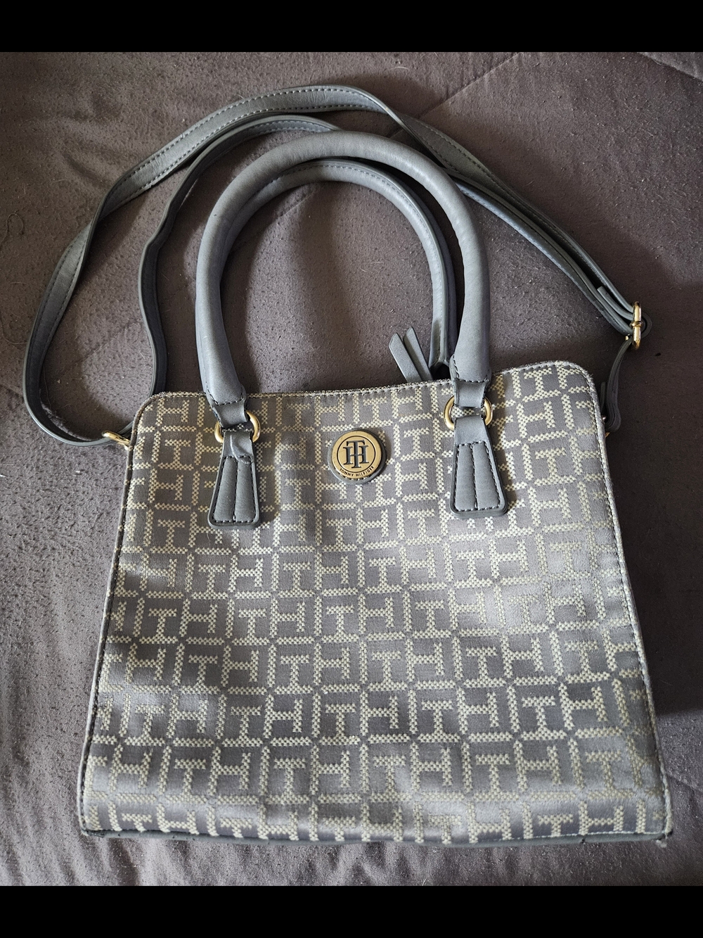 Tommy Hilfiger Gray Monogram Satchel with Gold Logo